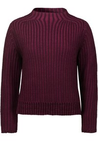 Pull à côtes bordeaux avec un col montant, des manches longues et une coupe décontractée. Motif en maille texturée avec une longueur légèrement cropped.