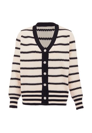Cardigan tricotat cu decolteu în V, model cu dungi alb-negru, și închidere cu cinci nasturi cu accente în formă de floare. Mânici și tiv cu flanșă.