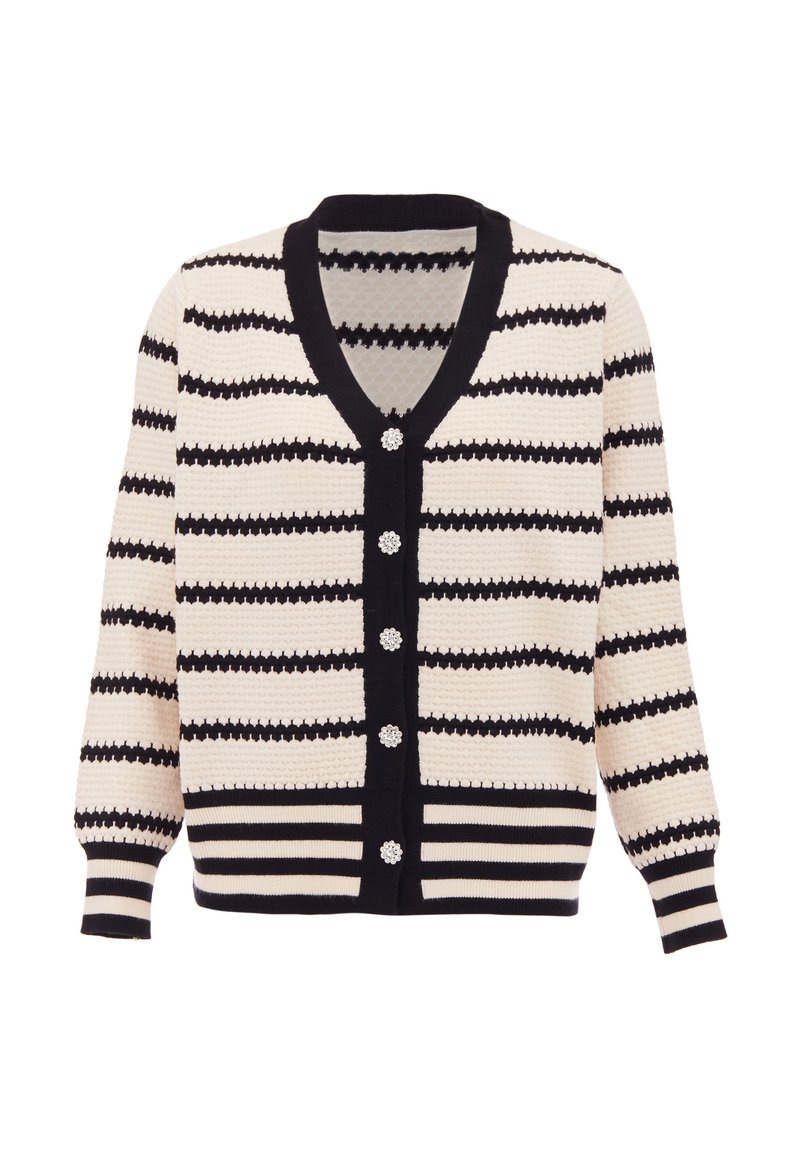 Cardigan tricotat cu decolteu în V, model cu dungi alb-negru, și închidere cu cinci nasturi cu accente în formă de floare. Mânici și tiv cu flanșă.