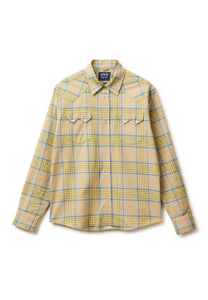 Chemise à carreaux jaune et bleue à manches longues avec col pointu et deux poches à rabat sur le devant avec boutons-pression.