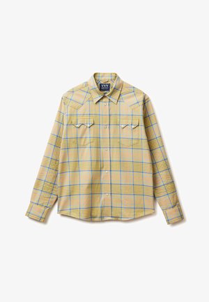Yellow and blue plaid long-sleeve button-up shirt with pointed collar and two front flap pockets with snap buttons.