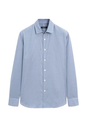 Blau-weiß kariertes Hemd mit langen Ärmeln, Knopfleiste vorne, klassischem Kragen und weißen Knöpfen.