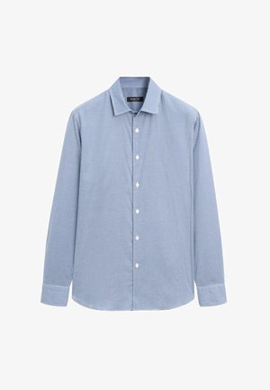 Blau-weiß kariertes Hemd mit langen Ärmeln, Knopfleiste vorne, klassischem Kragen und weißen Knöpfen.