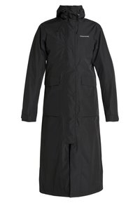 Manteau long noir imperméable avec fermeture éclair à l'avant, deux poches avant, capuche ajustable et poignets élastiques pour un ajustement sûr.