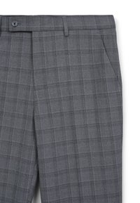 Grau karierte Hose aus strukturiertem Stoff, mit Knopfverschluss und Seitentaschen. Das Muster besteht aus dunklen und hellen grauen Linien.