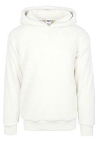 Vit fluffig fleece-hoodie med långa ärmar, ribbade ärmslut och ribbad nederkant, med en avslappnad passform och en etikett inuti kragen.