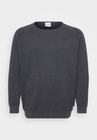 Dark gray sweater made of textured fabric, featuring a round neckline, long sleeves, and a straight hem. Tag visible on the side.