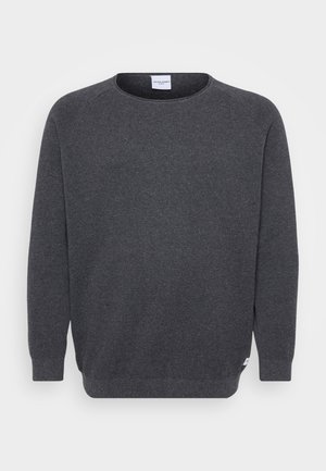 Dunkelgrauer Pullover aus strukturiertem Stoff, mit Rundhalsausschnitt, langen Ärmeln und geradem Saum. Etikett an der Seite sichtbar.