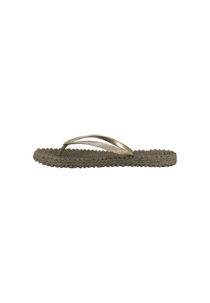 Green woven flip-flop with a textured sole and metallic gold straps. Flat design with minimalistic shape and open toe.