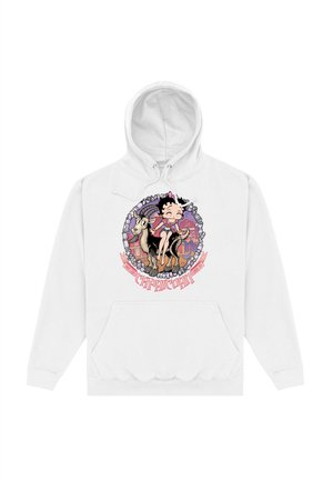 Biała bluza z kapturem z rysunkiem w stylu kreskówkowym przedstawiającym girl i kozę w kolorowej okrągłej ramie, z dekoracyjnymi akcentami i tekstem poniżej.