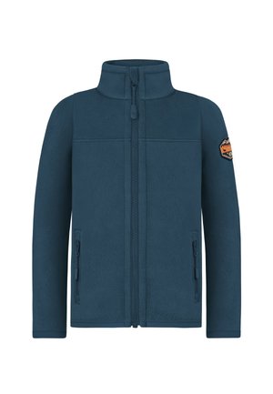 Fleece jacket in dark blue, featuring a high collar, full zip, two zippered side pockets, and a patch on the left sleeve.