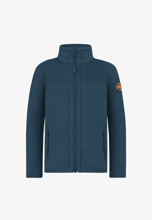 Fleecejacke in Dunkelblau, mit hohem Kragen, durchgehendem Reißverschluss, zwei Reißverschlusstaschen an den Seiten und einem Patch am linken Ärmel.
