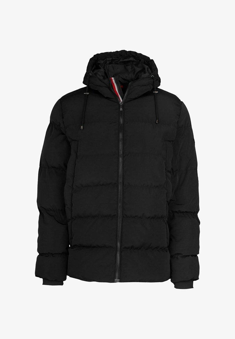 Black puffer jacket with a hood; features quilted design, front zipper closure, and drawstring accents around the hood and cuffs.