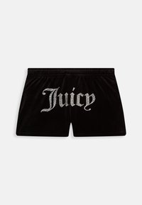 Shorts en velours noir avec des lettres en strass blanches formant le mot « Juicy » au dos, dotés d'une ceinture élastique pour un bon ajustement.