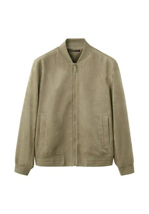 Jachetă bomber verde kaki cu fermoar frontal, guler, manșete și tiv striate, și două buzunare verticale laterale.