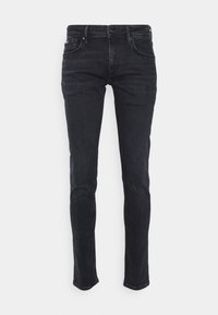 Dark blue slim-fit jeans with a classic five-pocket design, made from denim fabric, featuring stitching accents and a button closure at the waist.