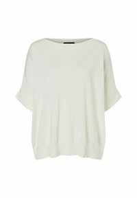 White knit sweater with a round neck, short sleeves, and a loose fit. Texture is smooth with a ribbed hem at the bottom.