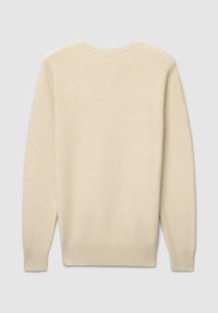 Hellbeiger Pullover mit strukturiertem Rippenmuster, Rundhalsausschnitt und langen Ärmeln. Verfügt über einen geraden Schnitt sowie gerippte Bündchen und Saum.