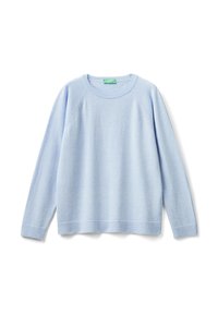 Pull en maille bleu clair avec un col rond, des manches raglan longues et un ourlet et des poignets côtelés. Texture douce avec un minimum de détails.