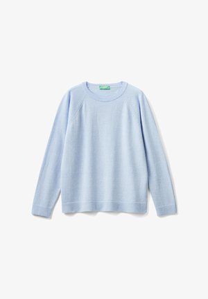 Jasnoniebieski sweter dzianinowy z okrągłym dekoltem, długimi rękawami raglanowymi oraz ściągaczami na hemie i mankietach. Miękka faktura z minimalnymi detalami.