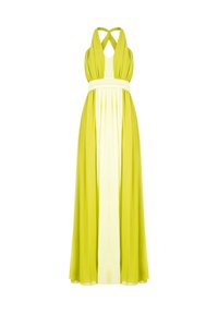 Maxi šaty v jasně limetkové a světle žluté barvě. Plisovaný materiál s hlubokým výstřihem do V a křížovým detailem na zádech. Elastický pas pro lepší přilnutí.