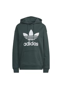 Mörkgrön hoodie med känguruficka, dragsko i huvan och en stor vit Adidas-logga med tre ränder och bladdesign.