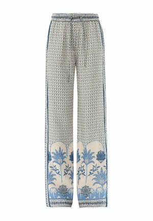 Weit geschnittene cremefarbene Hose mit blauem botanischem Druck, elastischem Bund und verstellbarem Kordelzug, mit Motiven von Palmen und Blumen am Saum.
