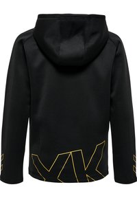 Felpa nera con cappuccio e maniche lunghe. Caratterizzata da accenti geometrici gialli sulla parte bassa della schiena e sulle maniche. Texture liscia, design casual.