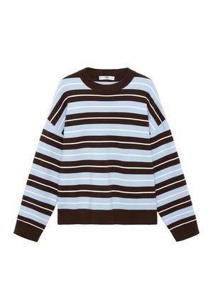 Maglione a maniche lunghe in maglia con strisce orizzontali marroni e azzurro chiaro, scollatura a girocollo e polsini e orlo a costine.