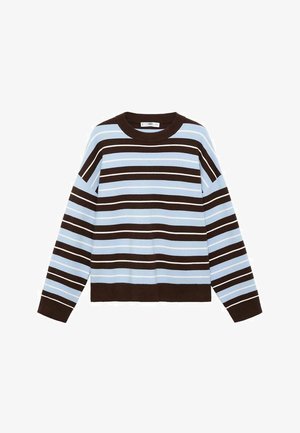 Suéter de punto de manga larga con rayas horizontales en marrón y azul claro, escote redondo y puños y dobladillo de canalé.