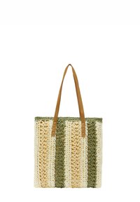 Vævet totebag i hvid, beige og grønne striber, med brune læderhåndtag og en struktureret overflade.