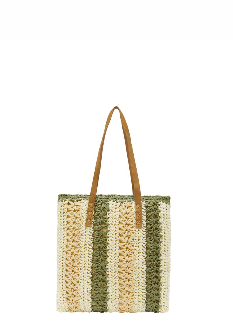Vævet totebag i hvid, beige og grønne striber, med brune læderhåndtag og en struktureret overflade.