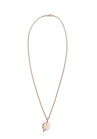 Eine roségoldene Halskette mit einer zarten Kette und einem vierblättrigen Kleeblatt-Anhänger, der eine glatte, glänzende Oberfläche und ein minimalistisches Design aufweist.