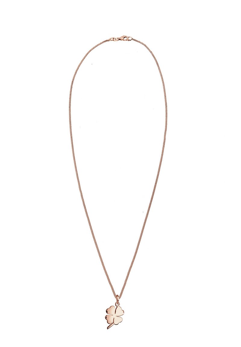 Eine roségoldene Halskette mit einer zarten Kette und einem vierblättrigen Kleeblatt-Anhänger, der eine glatte, glänzende Oberfläche und ein minimalistisches Design aufweist.
