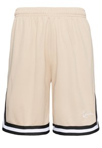 Bež športne hlače z elastičnim pasom, črno-belim črtastim robom na spodnjem delu in majhnim belim napisom na desni nogi.