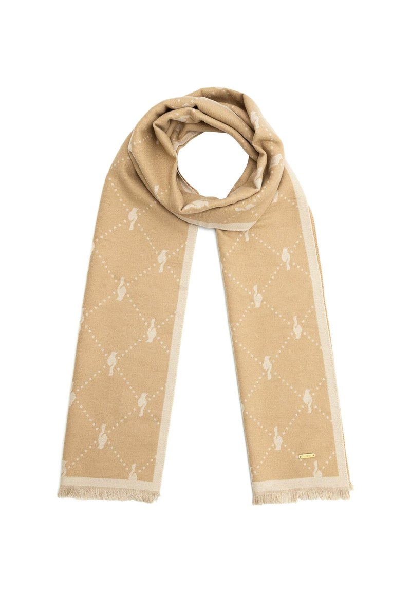 Beżowy wełniany szalik z jasnobeżowym wzorem w diamenty i małymi abstrakcyjnymi motywami, z frędzlami i małą metalową metką marki.