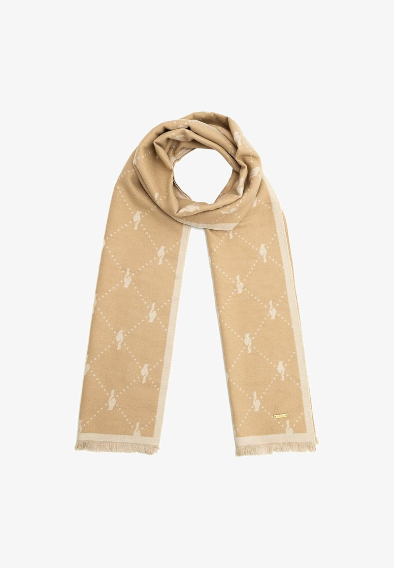 Beżowy wełniany szalik z jasnobeżowym wzorem w diamenty i małymi abstrakcyjnymi motywami, z frędzlami i małą metalową metką marki.