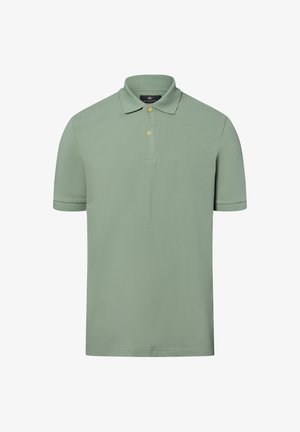 Polo en vert clair, avec un col classique, des manches courtes, une patte de boutonnage à trois boutons et un tissu texturé. Coupe ajustée.