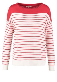 Rood en witte gestreepte trui met een ronde hals en lange mouwen. Gebreide textuur, effen rode accenten op de schouders. Casual pasvorm.