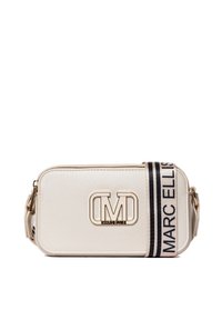 Borsa sintetica bianca con dettagli in oro, con logo e una tracolla a righe con il testo "MARC ELLIS". Forma rettangolare.