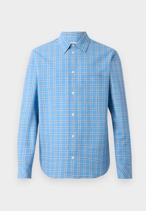 Light blue plaid button-up shirt with long sleeves, collared neck, and single chest pocket. Features white and black grid accents.
