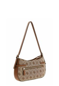 Sac à bandoulière en cuir marron avec tissu à motifs, forme incurvée, poche zippée et bandoulière réglable. Design classique avec détails du logo.
