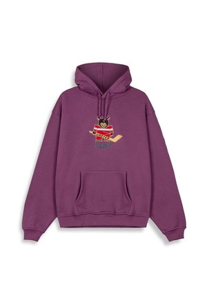 Purple hoodie features a kangaroo pocket, drawstring hood, and embroidered bear design holding a hockey stick. Soft, textured fabric.