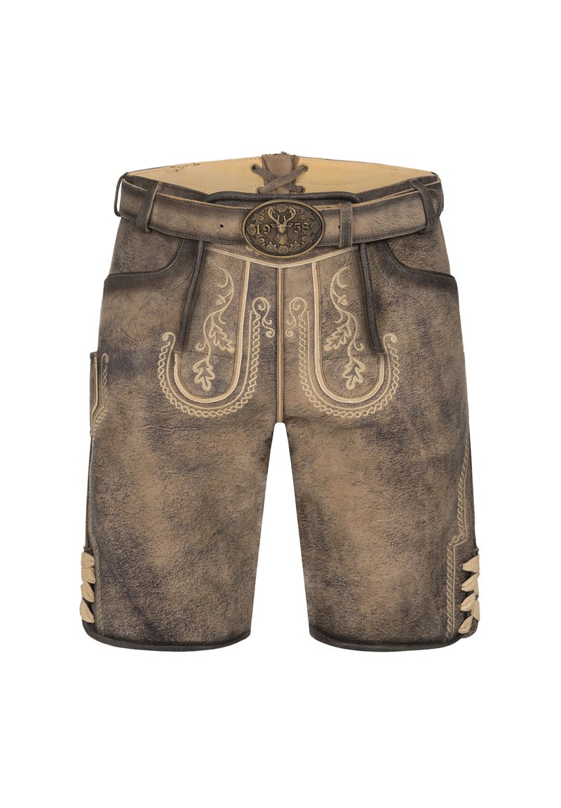 Traditionelt læderbukser med en slidt brun finish, udsøgt broderi, et bælte med en rund spænde og side-lomme detaljer.