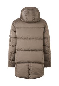 Brown puffer jacket with horizontal stitching, a hood, and a black logo on the back. Features snap closures and side pockets. Smooth texture.