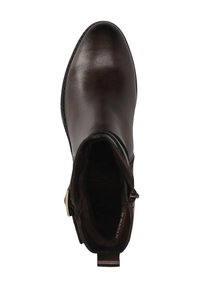 Braune Leder-Stiefelette mit glatter Textur, runder Zehenform, dekorativem seitlichem Reißverschluss und subtilen Nähten entlang der Sohle.