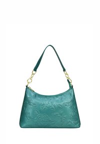 Teal schoudertas van geembossed leer met bloemen- en vlinderontwerpen, voorzien van een gouden kettingaccent en een ritsluiting.