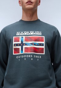 Tmavě zelená mikina z bavlněné směsi s velkým grafickým potiskem, na kterém je stylizovaná vlajka a text "NAPAPIJRI geographic OUTDOORS SINCE 1987."