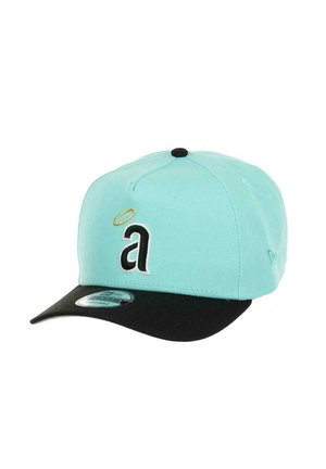 Aquamarine cap with black brim, featuring an embroidered letter "a" and a small gold halo detail, made of fabric with a smooth texture.