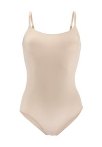 Beige badpak met dunne verstelbare banden, een gladde textuur, een ronde halslijn en een hoge uitsnijding aan de benen.
